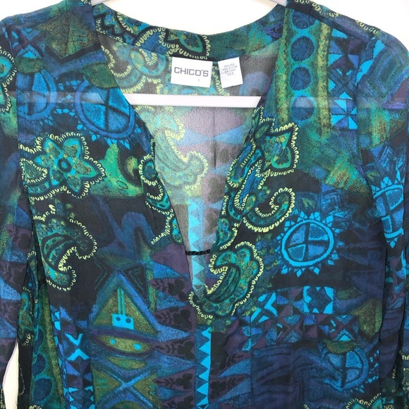 Chico’s V Neck Sheer Popover Blouse Blue Green S - Picture 3 of 13